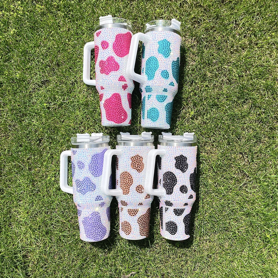 Rhinestone Cow Print Stainless Steel Quencher Tumbler, 40 oz